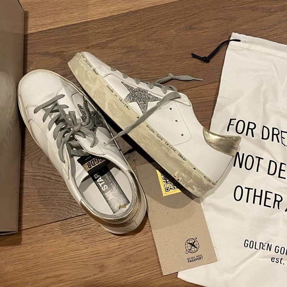 Golden Goose White Leather Silver Glitter Sneaker with Lift